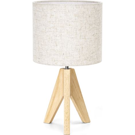 EDISHINE Lampe de chevet en bois, lampe de table avec abat-jour en lin beige, ampoule LED E27 incluse, H36 cm, trépied vintage