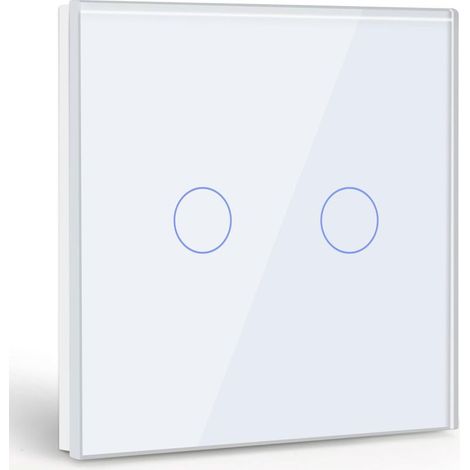 2 Gang 1 Way Touch Switch, White Light Switch with LED Display, Crystal Glass Panel Touch Switch with Touch Sensor, No Neutral Wire (1/5)