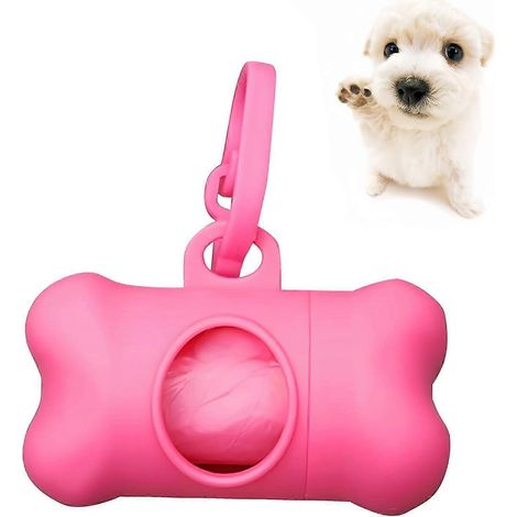 Distributeur de sacs à déjections canines, avec 1 rouleau de sac inclus, pour chiens et chats, en forme d'os, 8 x 5 cm, rose
