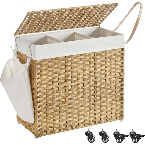 Cesto para la ropa tejido a mano 140 litros imitación ratán 3 compartimentos bolsa extraíble tapa asas fácil montaje salón baño 66 x 33 x 60 cm marrón 120006778