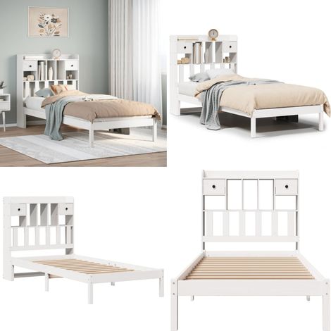 Lit bibliothèque sans matelas blanc 90x190cm bois de pin massif - Lits avec rangement - Lits en bois