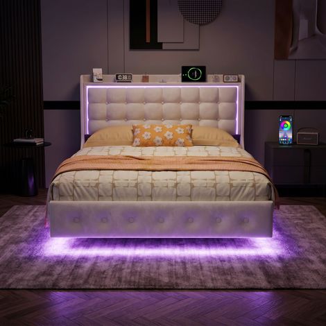 Letto matrimoniale 140 x 200 cm – Letto sospeso – Porte USB e Type-C – Illuminazione a LED – Rete a doghe – Velluto bianco (1/5)