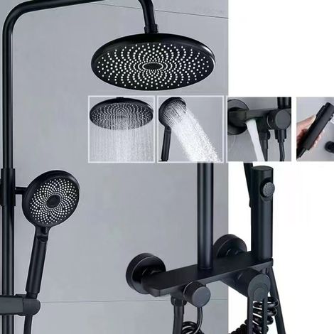 All-copper water-plated gunmetal gray four-speed shower head set, home bathroom with knob handwheel hot and cold adjustment – black version