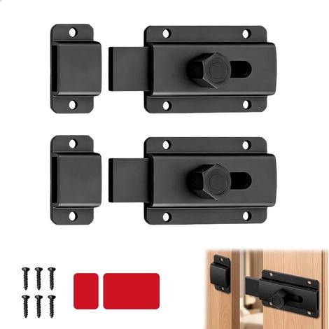 Verrou, Serrure Porte Coulissante, Verrou Porte Interieure, Fermeture Portes, Loquet Sans Percer pour Jardins, Salles de Bains, Fenêtres, Clôtures, Placards, 2 Pièces, Noir (1/5)