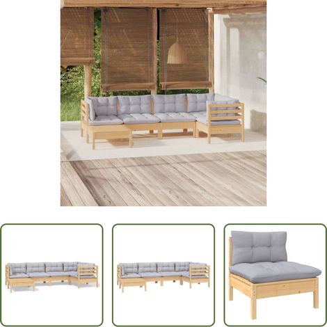 Terrassensofa - 6-tlg. Garten-Lounge-Set mit Grauen Kissen Kiefer Massivholz (1/5)