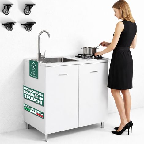 Cucina Completa 80x60cm Bianco Piano Cottura 2 Fuochi Lavello con Rubinetteria