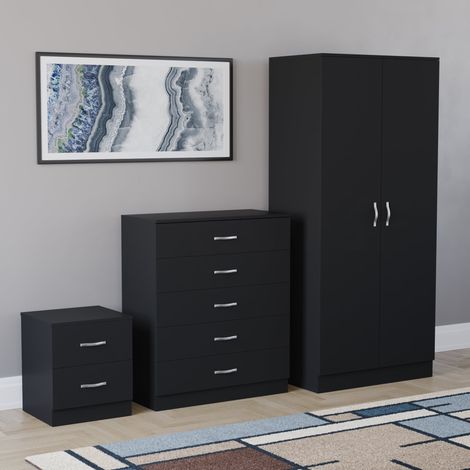 Riano 3 Piece Bedroom Set (2 Drawer Bedside Chest, 5 Drawer Chest, 2 Door Wardrobe), Black (1/5)
