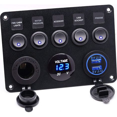 Prise allume-cigare,5 Gang Panneau de Interrupteur à Bascule ON-OFF Avec Chargeur Double USB Avec Imperméable Voltmètre Numérique Avec Allume-Cigare pour Voiture Bateau Camion RV Camping-Car (Bleu)