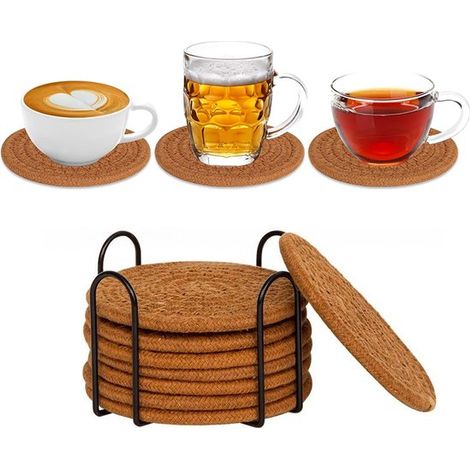 Ensemble de 8 sous-verres (avec support de rangement), absorbants, pour tables basses, ensemble minimaliste en coton tissé (1/5)