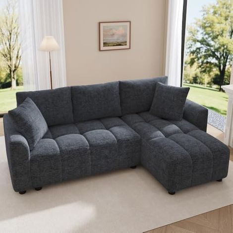 Canapé d'angle,Canapé 3 Places,anapé d'angle Convertible en L, Tissu Chenille,avec 2 Coussins décoratifs,adapté au Salon et à l'appartement (Gris) (1/5)