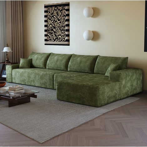 Sofá esquinero modular con chaise longue, asiento profundo, tejido de pana verde, 340 cm OKMYHOME (1/5)