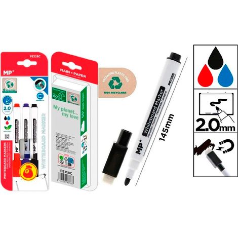 Marcador pizarra blanca, con borrador, 3 uds, blister