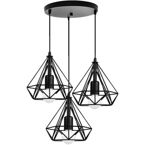 royaluxe- Lampes Suspendues Rétro Noires 20CM Suspension Luminaire En Forme De Diamant 3 Lumières Plafonnier Vintage E27 Lustre Modernes (1/5)