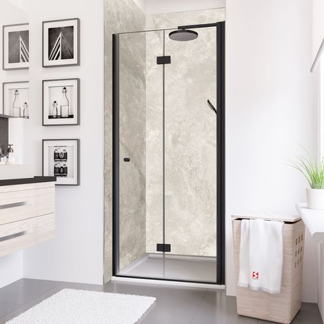 Schulte – Porte de douche pivotante pliante 80 cm – Verre de sécurité 5 mm anticalcaire – Profilé noir mat – Installation facile dans niche