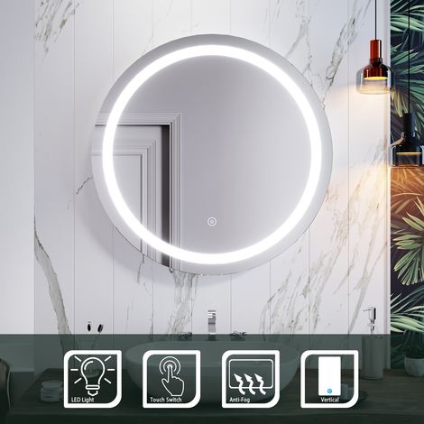 Sirhona – Miroir rond lumineux 80x80cm – LED anti-buée avec interrupteur tactile – Lumière blanche froide 6400K – Norme IP44 (1/4)