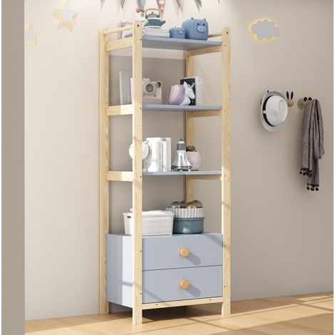 Standregal, 2 Schubladen, 4 Ebenen Bücherregal, Kieferrahmen, Vollholzgriffen, für Wohnzimmer, Schlafzimmer, Bücherzimmer, blau+natürliches Holz, 70×44×180cm (1/5)