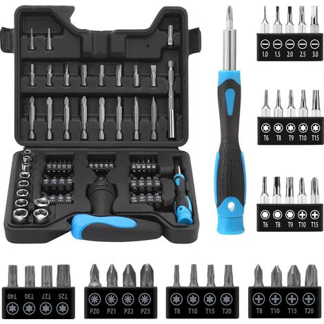 Jeu de 63 clés à cliquet avec tournevis multifonctions, manches plats, Phillips, Torx et hexagonaux. (1/5)