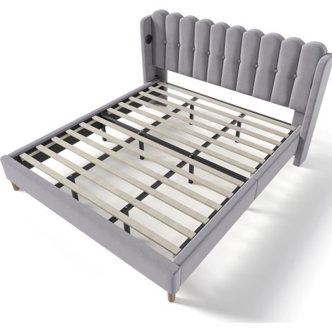 Cama doble tapizada gris 180 x 200 cm con puerto USB Type-C y somier de láminas MODENUIT (1/5)