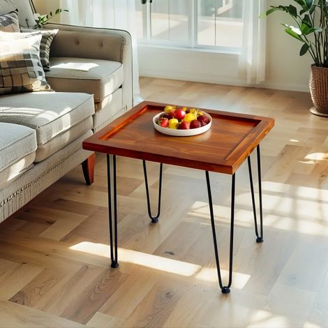 Table basse fixe en acajou à motif feuilles-Plateau bois massif-Pieds en fer laqué-55.5 x 45 x 53(cm) (1/5)