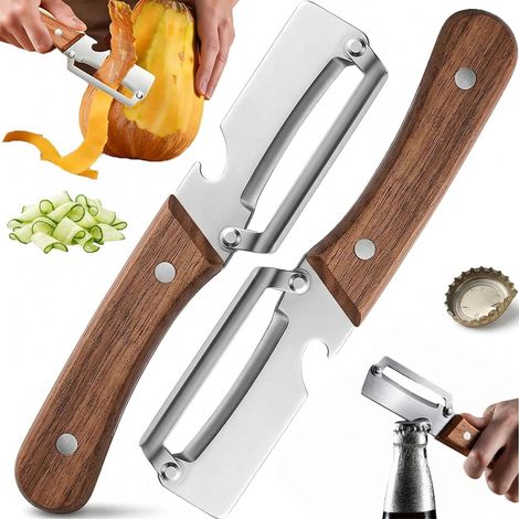 2 in 1 Multifunctional Peeler, 2 x Stainless Steel Vegetable Peeler with Ergonomic Wooden Handle and Integrated Bottle Opener Sharp Blade for Potatoes, Carrots and Fruits (1/5)