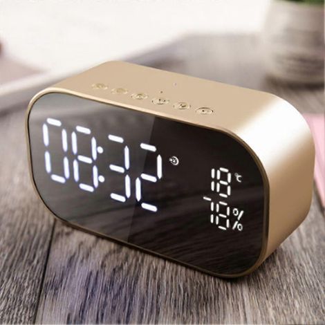 Réveil décoratif en métal avec double haut-parleur LED sans fil, finition Bluetooth miroir, finition dorée. (1/2)