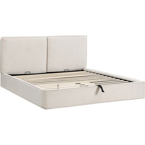 Lit rembourré, lit double, 180 x 200 cm, lit fonctionnel hydraulique, lit avec sommier à lattes, tête de lit, tête de lit rembourrée, chenille beige
