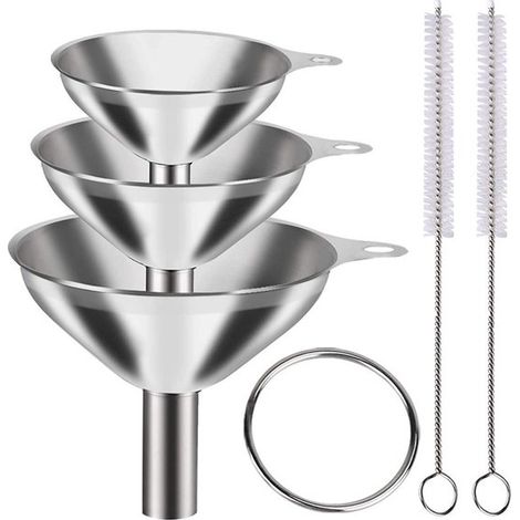 Ensemble de 3 entonnoirs en acier inoxydable et 2 goupillons. Entonnoirs de cuisine en 3 tailles pour liquides, épices et vin. (1/5)
