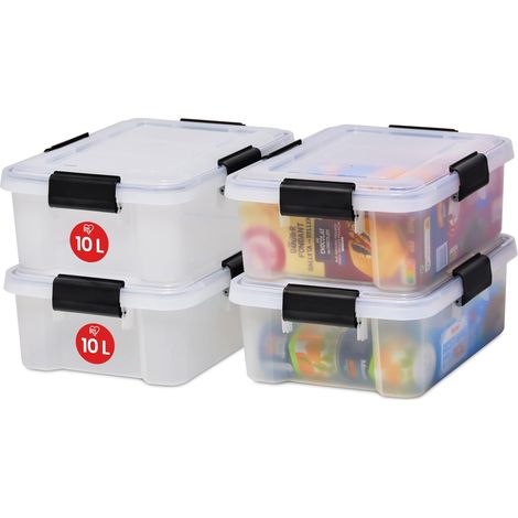 Boîte/Lot de 4 boîtes de rangement, 10 L, Empilable, Clips, Garage, Cave, Grenier - Air Tight Box AT-S - Transparent (1/5)