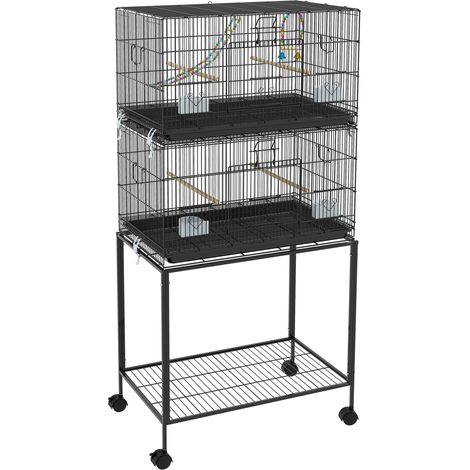 Cage à oiseaux sur pied, volière double avec mangeoires, perchoirs, plateau amovible, étagère, poignée et roulettes, noir. (1/5)