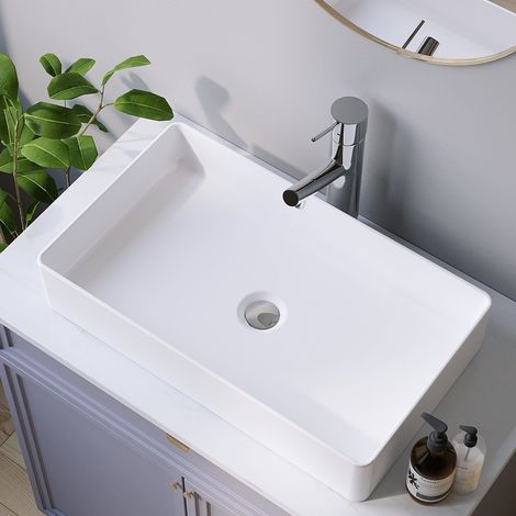 Aufsatzwaschbecken groß für Waschtisch Unterschrank Waschplatz Badezimmer Rechteckiger Handwaschbecken Waschschale Weiß ohne Hahnloch ohne Überlauf Waschbecken aus Keramik - 60,5 x 34,5 x 11,5 cm (1/5)