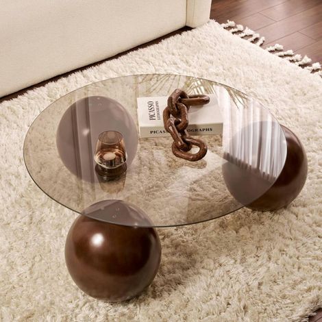 Table basse ronde verre ambré 3 pieds boule KOCHI