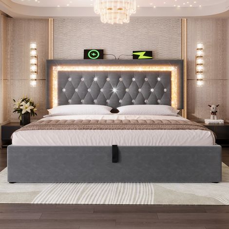 Lit rembourré 140x200 cm en velours gris, tête de lit LED, USB Type-C, coffre hydraulique et sommier à lattes (1/5)