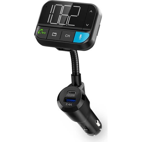 Nedis Kfz Audio FM Transmitter / Schwanenhals / Freisprechfunktion / 2.00 / Scharz-weiß Monitor / Bluetooth® / PD 20 W / QC 3.0 / Schnellladung / Bass Boost / Google Assistant / Siri / Schwarz