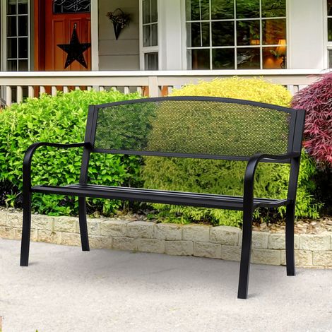 Outsunny Gartenbank Sitzbank Parkbank 2-Sitzer Garten Stahl Schwarz B127 x T60 x H87cm