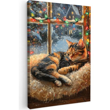 CUADRO EN LIENZO Gato - Navidad - Invierno - Animal Decoracion Pared Salon 20x30 cm