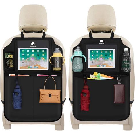 Organisateur de Voiture 2Pcs Protecteur de Siège Voiture, Kick Mats pour Bébé/Enfant, Protection Siege Imperméable avec Multi-Poches Rangements et Support Transparent pour Tablettes, Noir- (1/5)