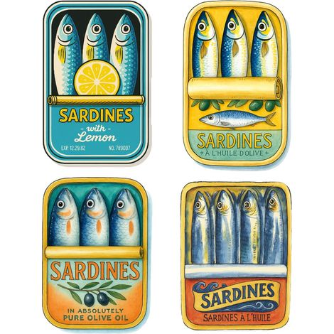 4U Magnetposter aus Kunstharz mit Vintage-Sardinenillustrationen