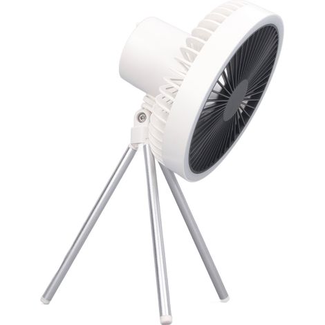 Dreibein-Tischventilator mit Licht, USB-Akku, 3 Geschwindigkeitsstufen, tragbar, zum Aufhängen im Zelt, für drinnen und draußen, Camping, Weiß (1/5)