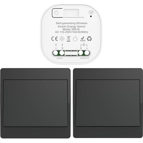 d'interrupteur sans fil cinétique noir RF quinétique interrupteurs sans fils à commande simple et double sans pile télécommande radio interrupteur sans fil (Black 1Gang 2V1 EU) (1/5)