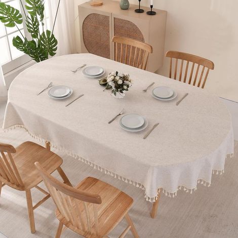 Nappe Ovale Anti Tache en Cotton Lin Beige, Nappe de Table Linge de Table Lavable avec Franges, Nappes pour Table à Manger Cuisine, 140 x 220 cm (1/5)