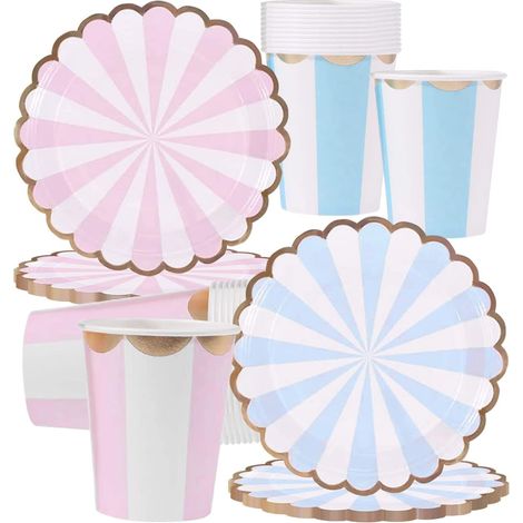 Vaisselle Jetable Anniversaire Fille,Lot de 40 Assiettes et Tasses Jetables Couleur Pastel, Assiettes de Fête en Carton Jetable Rose et Bleu ø 18 cm, pour Anniversaire, Baby Shower (1/5)
