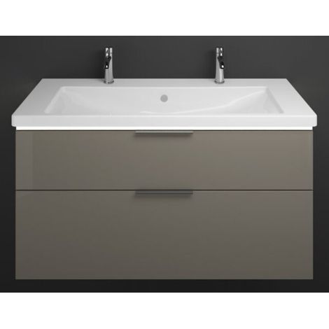 Burgbad Eqio Keramik-Doppelwaschtisch mit Unterschrank, 2 Auszüge mit LED-Beleuchtung, Griffleiste Grau Hochglanz/Alpinweiss 123 cm Schwarz matt (1/2)