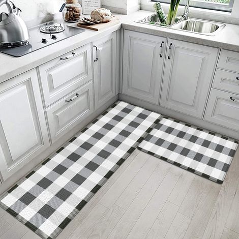 Simple and popular kitchen floor mat, anti-fatigue, made of PVC leather, waterproof and oil-proof, easy to clean - black and white checkered - 4470CM10mm