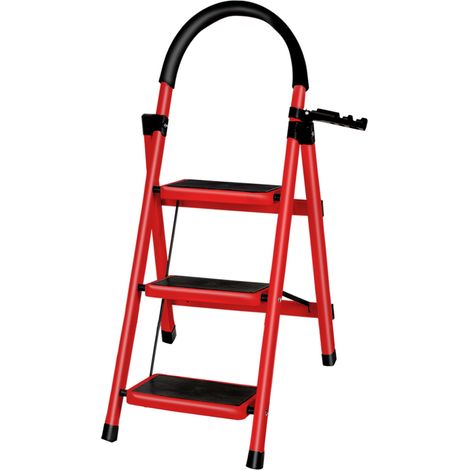 Klappbarer Leiterhocker, Tritthocker, 3-stufiger Sicherheits-Klappleiterhocker, Karbonstahl, 104 x 57 x 41,5 cm, Rot (1/5)
