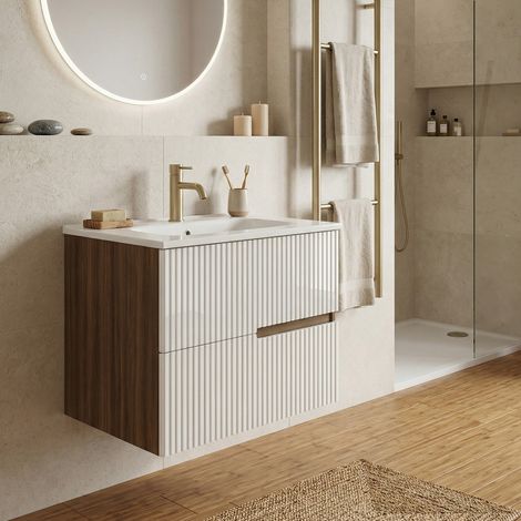 Meuble simple vasque L.60cm à suspendre Chêne Moka 2 tiroirs Blanc brillant cannelé EVA- sans colonne