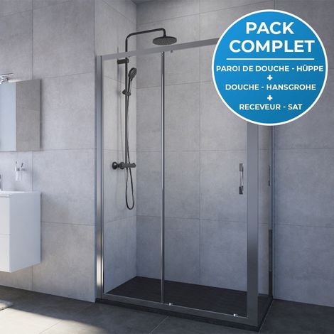 HÜPPE  HÃœPPE Duschpaket: Schiebetür 120cm + Seitenwand 80cm + Duschsäule mit Hansgrohe Mischer + Duschwanne 120x80cm Schwarz
