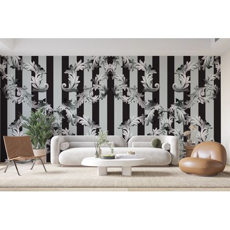 Papier peint baroque - damas classique noir et blanc - 150 x 250 cm (1/2)
