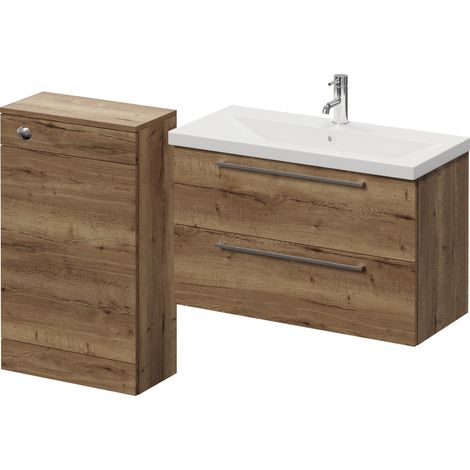 Napoli 390 Tobacco Oak 1300mm Wall Mounted 2 Drawer Vanity Unit and Toilet Suite with Glide Basin - 1300mm - Chrome 480mm HandleWithout Kingston Toilet Pan