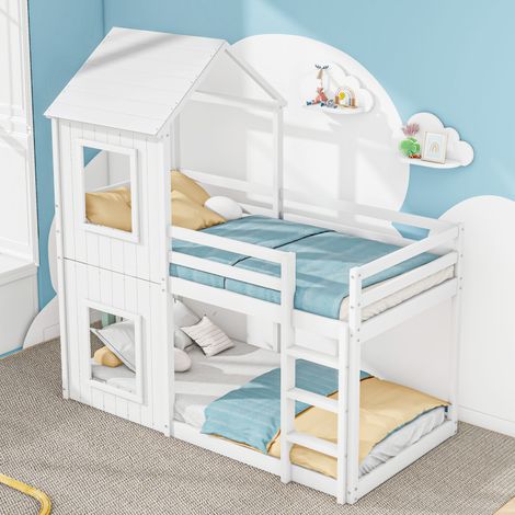 Lit superposé 90x200cm lit enfant avec barrière de protection, échelle et baldaquin, en bois massif de haut qualité, blanc (1/5)