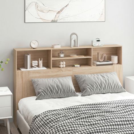 Cabecero independiente con espacio de almacenamiento, accesorio de cama con 4 compartimentos abiertos, 160 x 20,2 x 108,2 cm, madera natural.